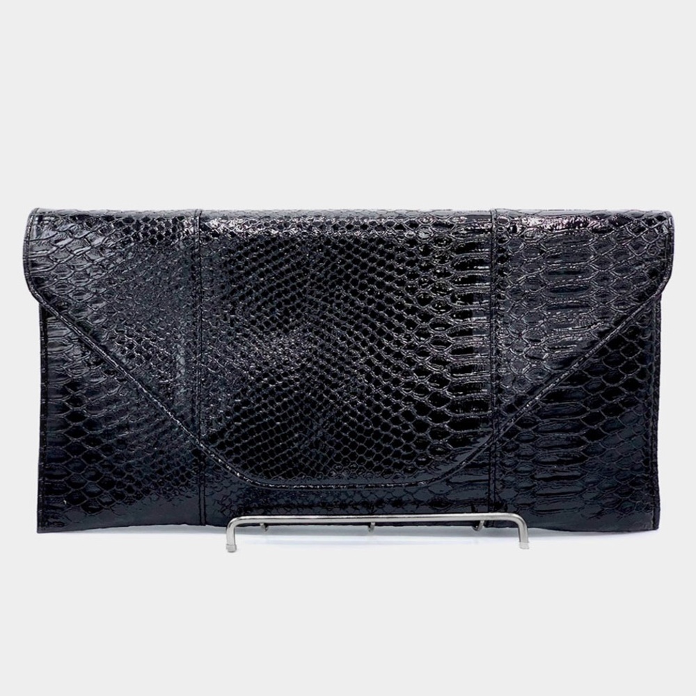 Black Animal Print Crocodile Skin Patterned Envelope Clutch Bag